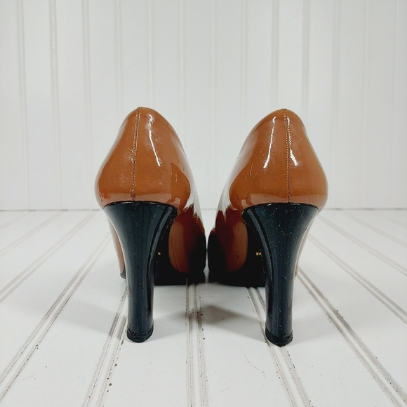 Prada Black Brown Patent Leather Square Toe Slip On Block Heel Pumps B237 - Picture 6 of 15